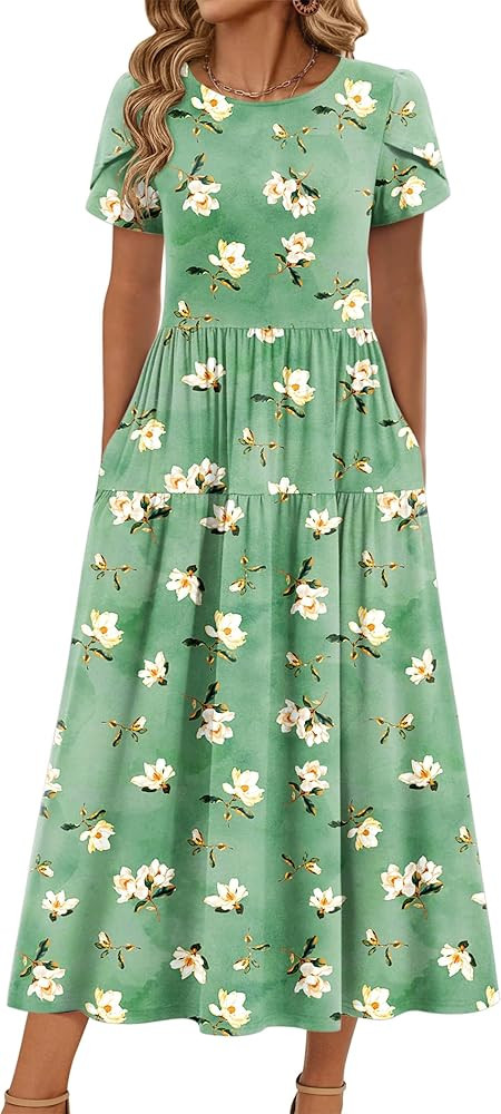 Zeagoo Summer Dresses for Women 2026 Maxi Bohemian Floral Short Sleeve Long Dress Casual Flowy Ti... | Amazon (US)
