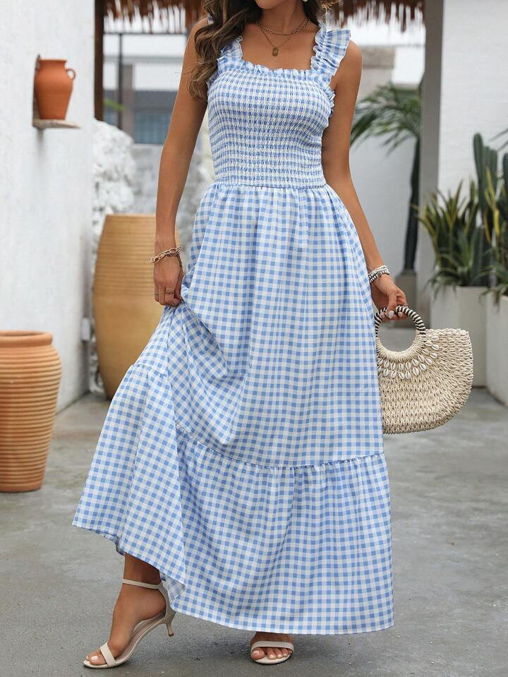 SHEIN VCAY Elegant Vacation Plaid Dress With Ruffled Straps And Tie-Waist | SHEIN USA | SHEIN