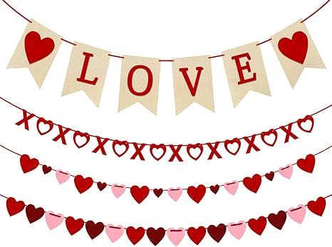 4Pcs Valentines Day Decorations Valentine's Day Decor Set Felt Love Heart XO Garlands Banner for ... | Amazon (US)