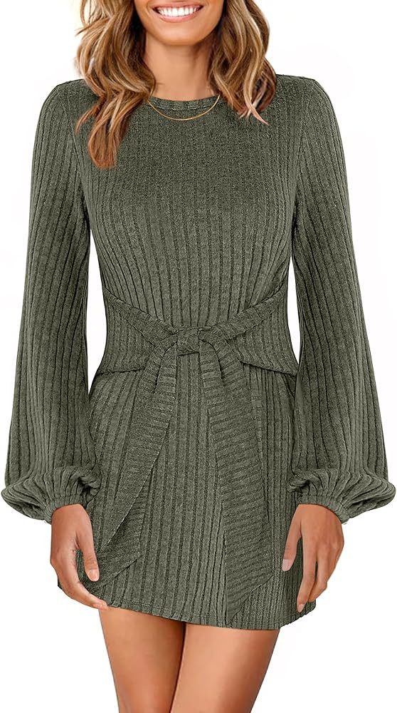 ANRABESS Womens 2025 Fall Dress Long Lantern Sleeve Ribbed Knit Casual Tie Waist Lightweight Mini... | Amazon (US)