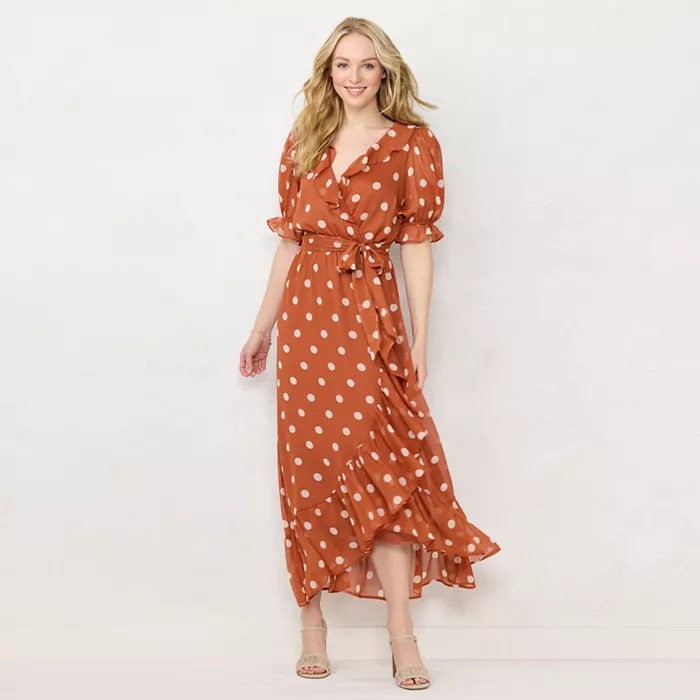 Women's LC Lauren Conrad Polka-Dot Ruffle Faux-Wrap Dress | Kohl's