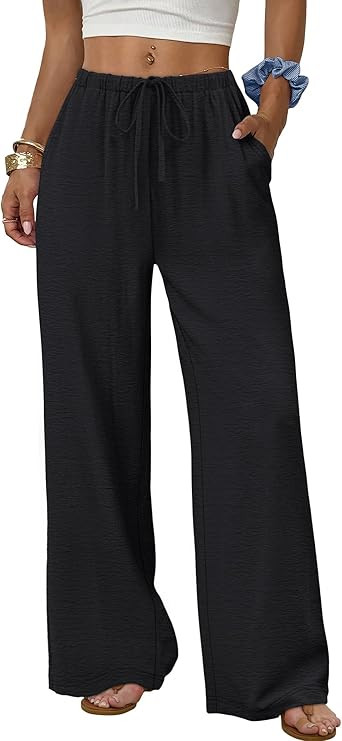 Sampeel Wide Leg Pants for Women Flowy Palazzo Drawstring Elastic Waist Trousers with Pockets Sum... | Amazon (US)