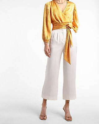Satin Printed Wrap Front Tie Top | Express