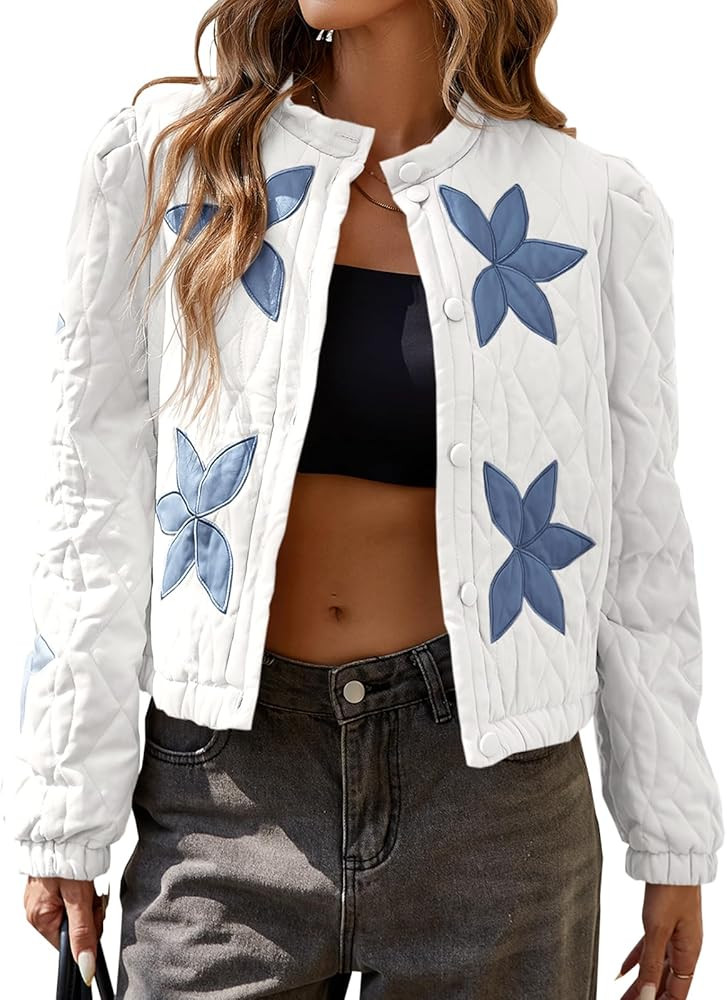 Tankaneo Womens Casual Cropped Bomber Quilted Jacket Embroidery Lightweight Button Down Warm Wint... | Amazon (US)
