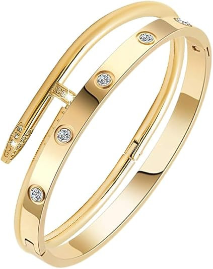 XSCQ Women Nail Bracelets with Cubic Zirconia 18K Yellow Gold Plated Love Bracelets Oval Cuff Ban... | Amazon (US)