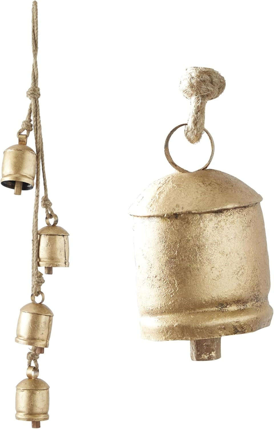 Deco 79 Metal Indoor Outdoor Decorative Cow Bells Tibetan Inspired Cascading Meditation Bell with 4 Bells on Jute Hanging Rope, Cow Bell 3" x 3" x 27", Gold | Amazon (US)