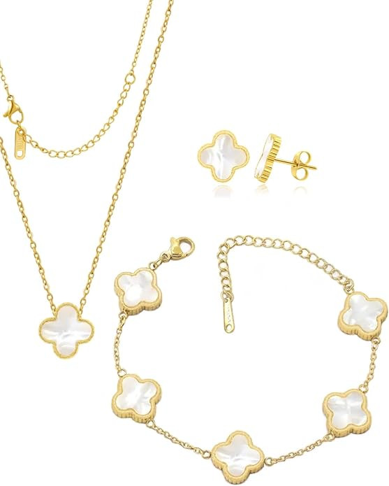 BLUEW 3 Pieces Four Leaf Lucky Clover Jewelry Set, Pendant Necklace, Earrings, Bracelet for Women... | Amazon (US)