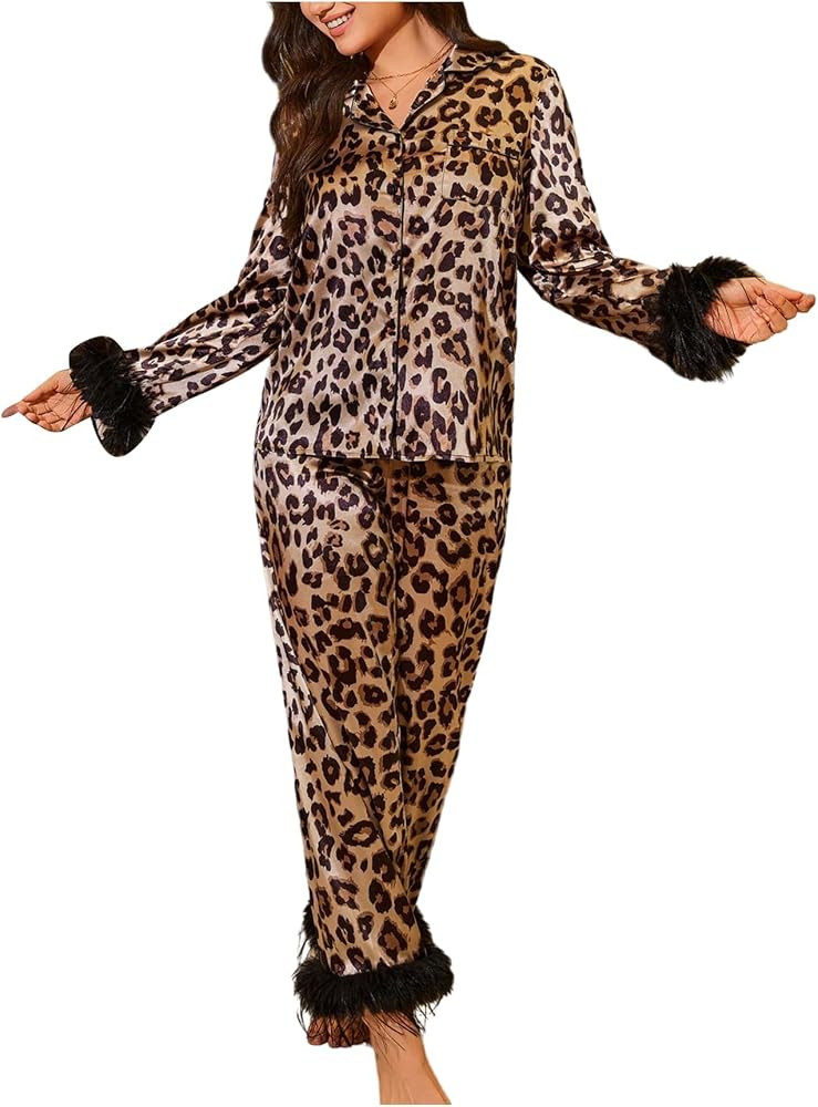 WDIRARA Women's Leopard Print 2 Piece Satin Pajama Sets Long Sleeve Button Down Pants Pjs Sleepwe... | Amazon (US)
