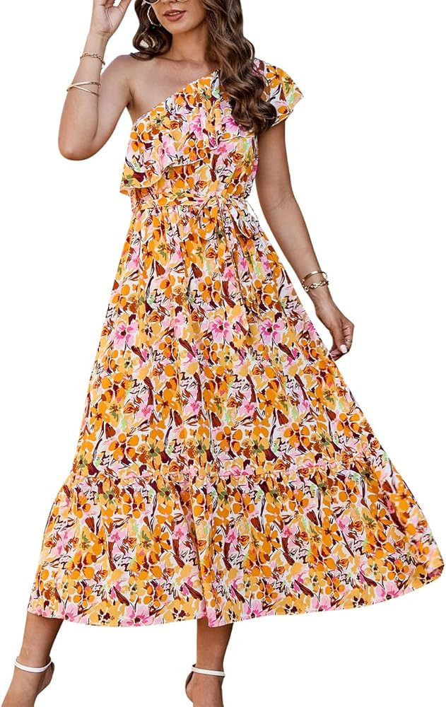 BTFBM Women's One Shoulder Maxi Dress Sleeveless Casual Summer Layered Ruffle Boho Floral Print Part | Amazon (US)