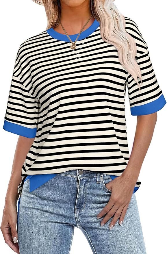 Glamaker Short Sleeve Lightweight Sweatshirt for Women Crewneck Striped Shirt Pullover Tops Loose... | Amazon (US)