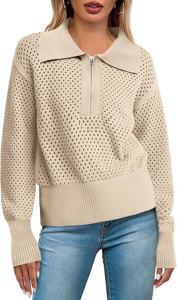 Women's Half Zip Pullover Sweaters Crochet Lapel Collar Long Sleeve Knit Solid Color Jumper Tops | Amazon (US)