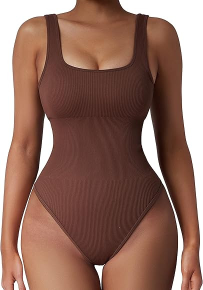 SUUKSESS Women Ribbed Sexy Bodysuit Sleeveless Square Neck Padded Tank Top | Amazon (US)