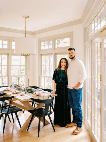 Holiday tablescape, black chairs with natural wood table in breakfast nook. Couples Christmas outfit 

#LTKHoliday #LTKhome #LTKSeasonal