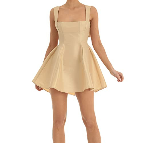 LouVasabuce Women Sexy Backless Bow Knot Tie Back Satin Mini Dress Graduation Dress Ruffle Ruched Strap Flowy Short Dress (Bow Champagne, S) | Amazon (US)