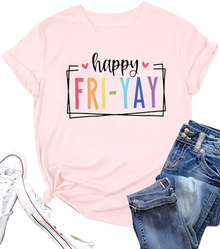Happy Friday Teacher Shirt Women Happy Friyay T Shirt for Teachers Funny Friday Weekend Holiday Vacation Tee Tops Pink | Amazon (US)