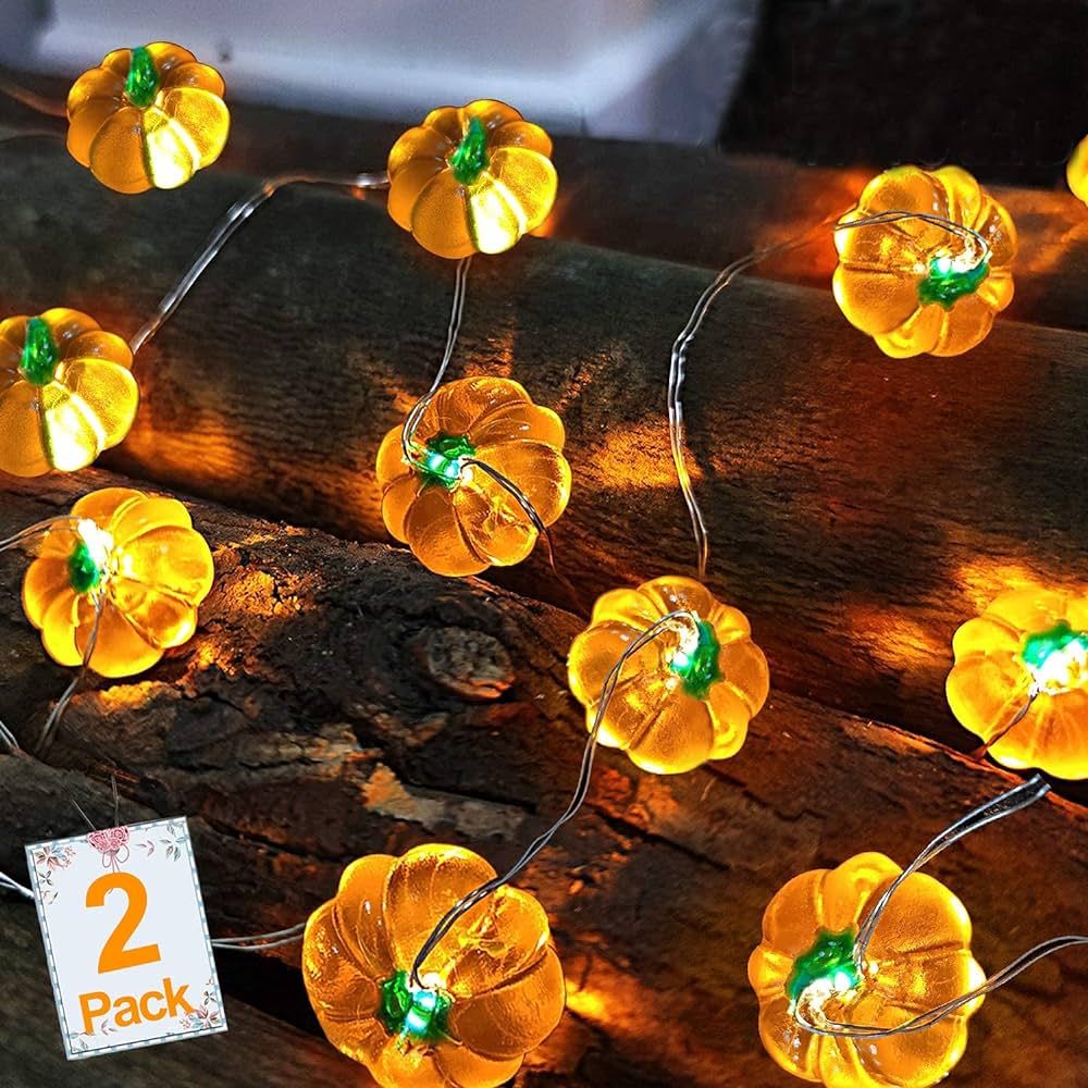 TURNMEON 2 Pack 3D Fall Pumpkin Lights Fall Garland Decor, Total 20Ft 40 LED Warm White Lights Ba... | Amazon (US)