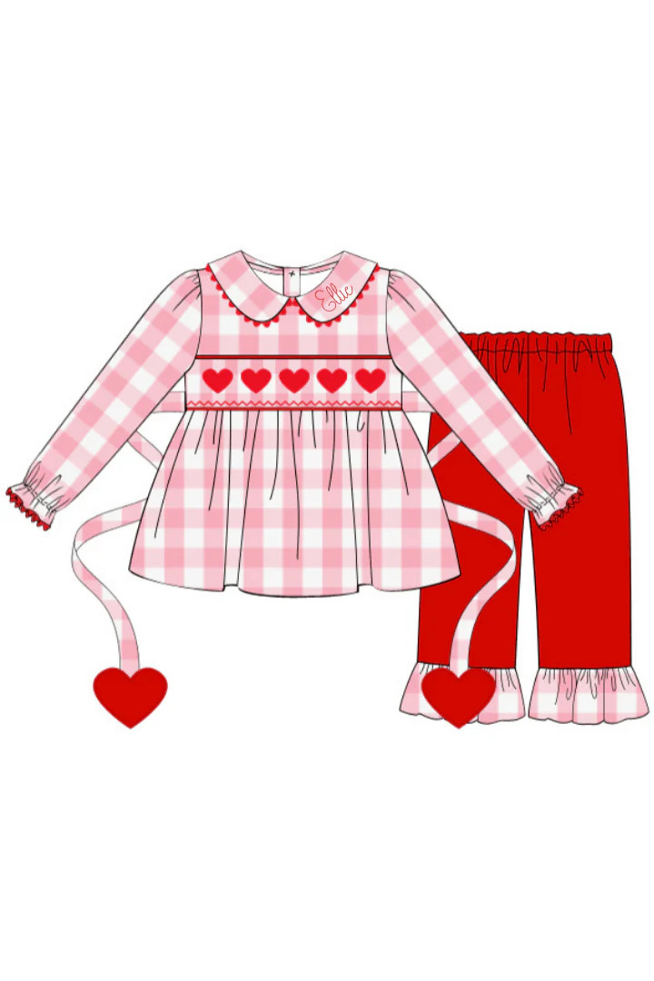 Pre-Order Smocked Pink Gingham Heart Tie Pant Set | The Smocked Flamingo