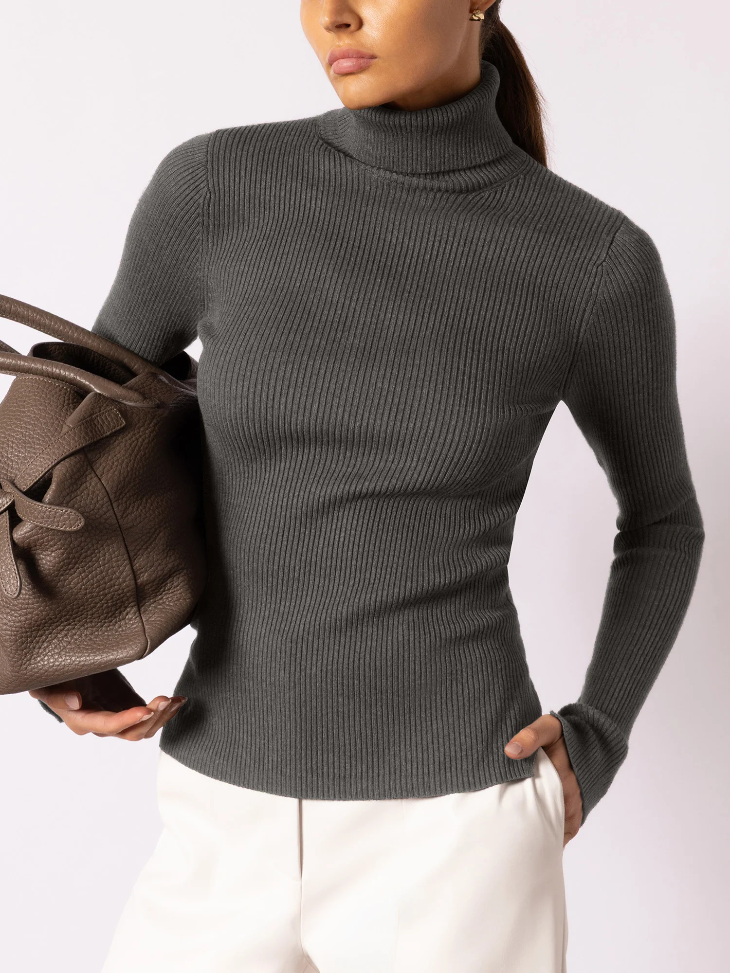 Women's Noel Ribbed Turtleneck in Dk Charcoal Mélange | Brochu Walker | Brochu Walker