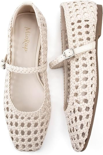 Amazon.com | Miorap Woven Ballet Flats Shoes for Women Square Toe Mesh Mary Jane Flat with Adjust... | Amazon (US)