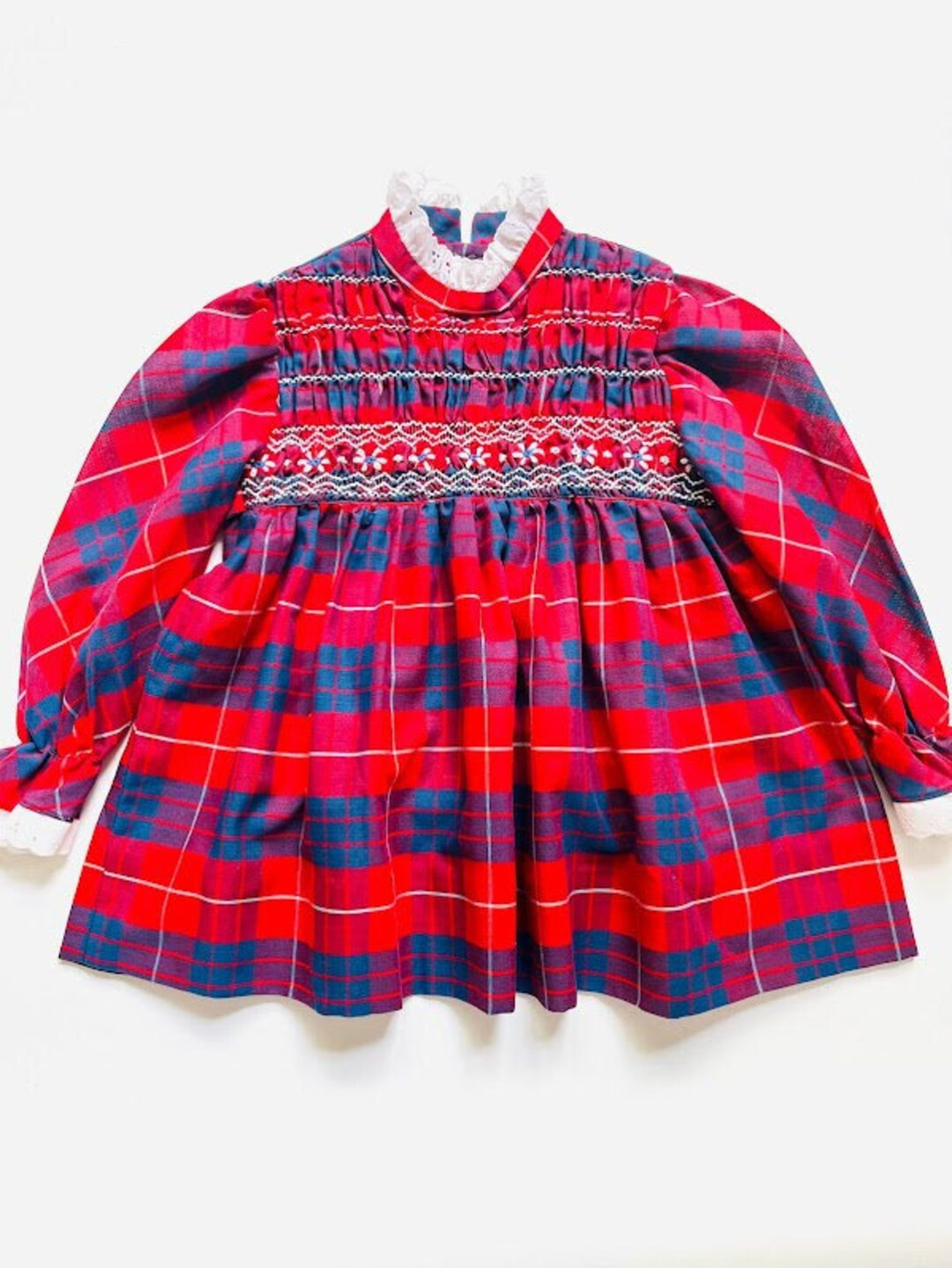 Vintage 60s/70s Red and Blue Plaid Smocked Dress With Long - Etsy | Etsy (US)