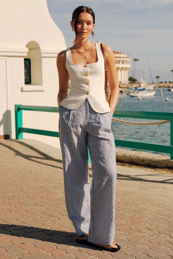 Breezy Direction Blue and White Striped High-Rise Wide Leg Pants | Lulus