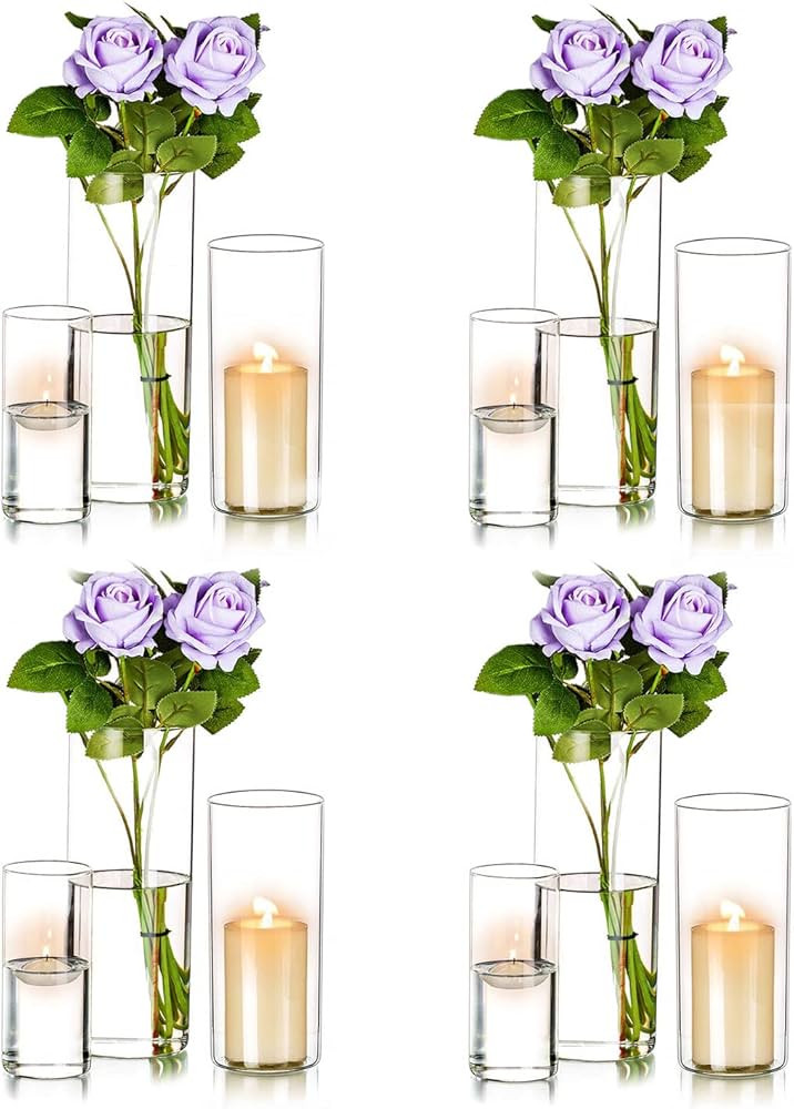 Hurricane Candle Holders Glass Vases for Centerpieces - Set of 12 Clear Cylinder Vases for Flower... | Amazon (US)