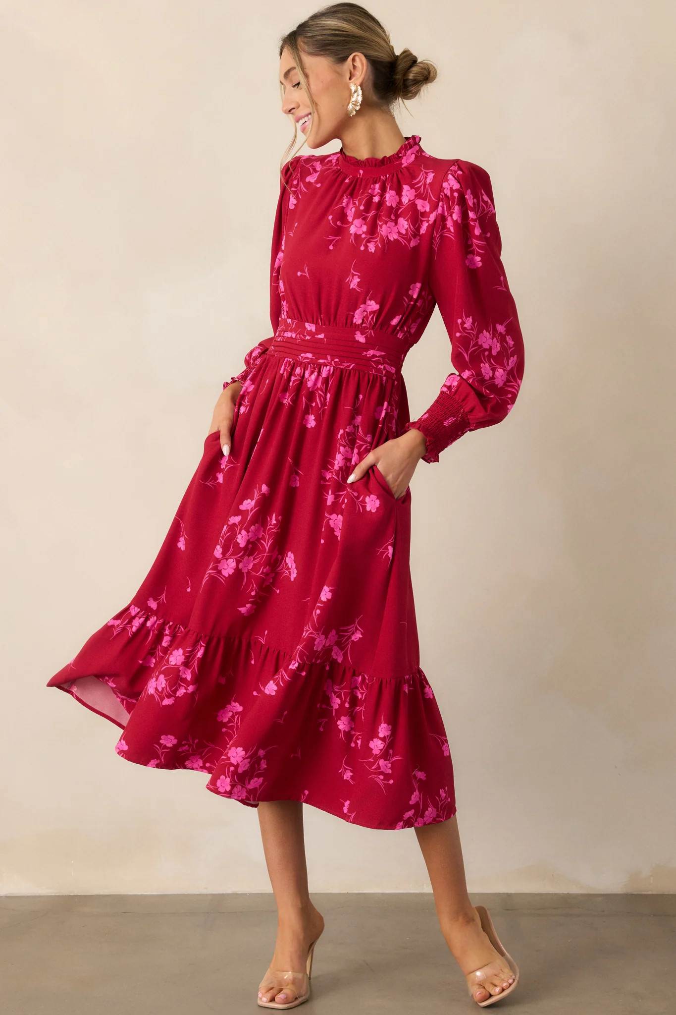 Flower Shop Stop Cherry Pink Floral Long Sleeve Midi Dress | Red Dress