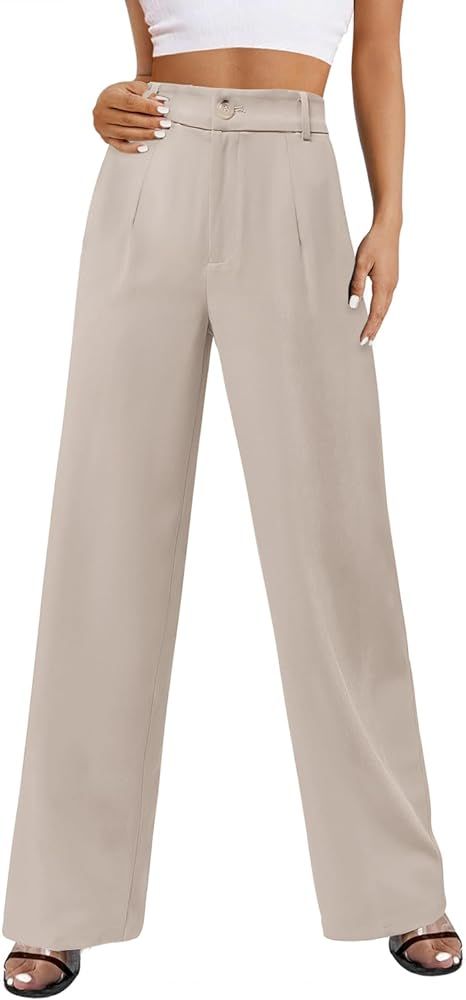 Womens Wide Leg Business Pants High Waisted Capris Straight Long Work Trousers with Pockets | Amazon (US)