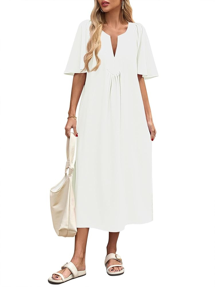 Wenrine Womens Flutter Short Sleeve Maxi Dress Casual V Neck Side Slit Pleated Loose Flowy Long S... | Amazon (US)