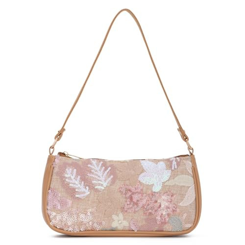 Oweisong Women Floral Beaded Purses Summer Hobo Embroidered Shoulder Bag Leather Sequin Top Handle Underarm Handbag | Amazon (US)