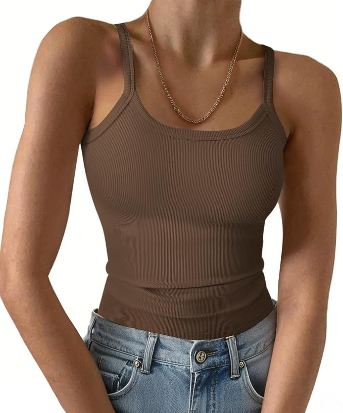 Ribbed Tank Tops for Women 2026 Spaghetti Strap Scoop Neck Slim Fitted Basic Sleeveless Casual Wo... | Amazon (US)