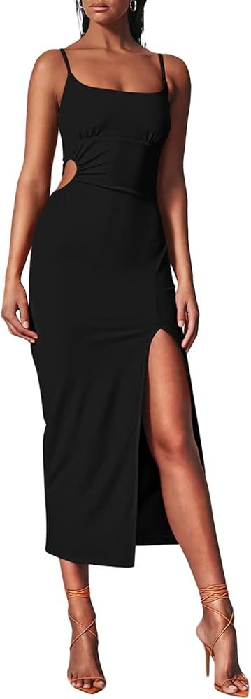 Pink Queen Women's Summer Scoop Neck Spaghetti Straps Bodycon Cutout Side Slit Ruched Midi Dress | Amazon (US)