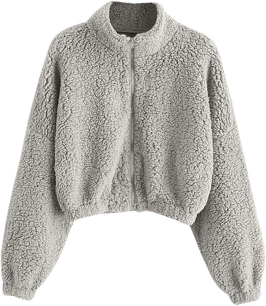 ZAFUL Women's Faux Fur Fuzzy Coat Full Zip Drop Shoulder Jacket Cropped Sweatshirts (3-Gray,S) | Amazon (US)