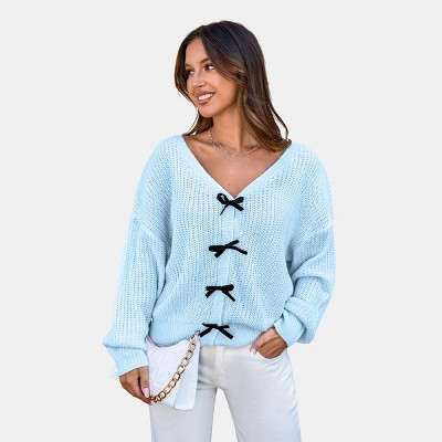 Women's Knit Bow Detail Long Sleeve Sweater – Cupshe-M-Light Blue | Target