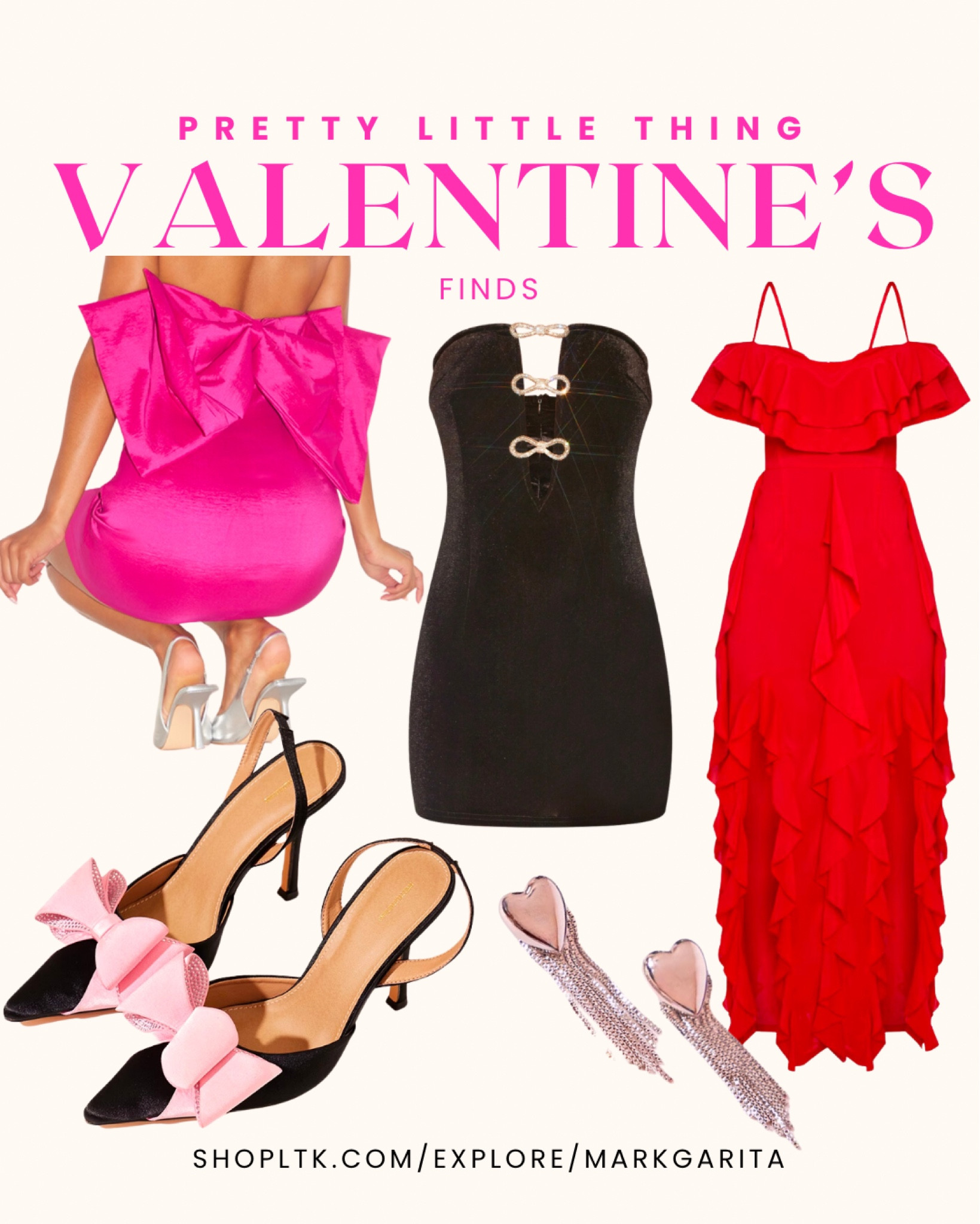 Pretty little thing Valentine’s Day outfit inspo! 🌹

Pink bow dress, little black dress with bows, mini black dress with bows, bow heels, heart earrings, red ruffle dress, valentines outfit, vday ootd, plt ootd 

#LTKfindsunder100 #LTKstyletip #LTKparties