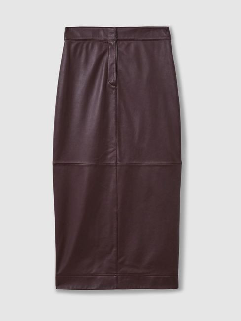 Florere Leather Pencil Midi Skirt in Berry | Reiss UK