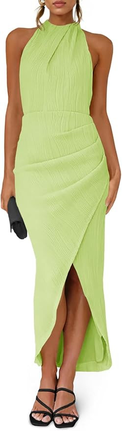 Fisoew Womens Halter Neck Party Dress Sleeveless Slit Textured Backless Sim Fit Ruched Sexy Midi ... | Amazon (US)