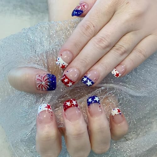 4th of July Press On Nails Short Square Fake Nails Patriotic Red White Blue French Tip False Nails with Star Fireworks Designs Independence Day Glue On Nails for Women Girls 24Pcs Stick On Nails Kit | Amazon (US)