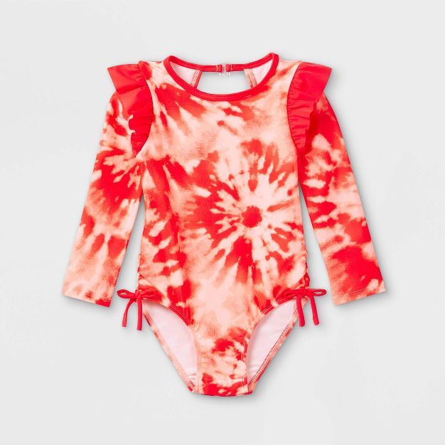 Toddler Girls' Tie-Dye Ruffle One Piece Rash Guard - Cat & Jack™ Pink | Target