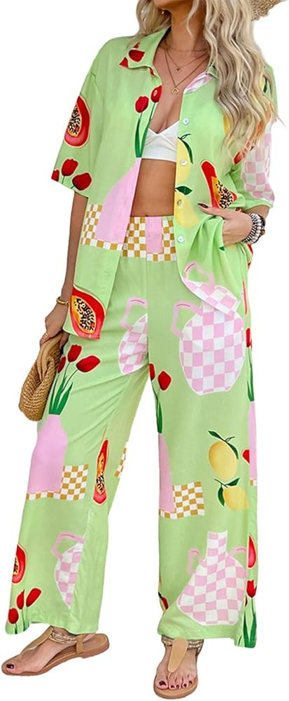 MINTLIMIT Women's 2 Piece Outfits Short Sleeve Button Down Shirt Printed Tops Long Pants Summer B... | Amazon (US)