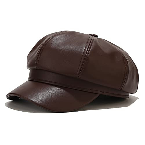 Voilipex Womens PU Leather Newsboy Cap 8 Panel Paperboy Newsie Cap Bakerboy Beret Cabbie Hat (Dark Brown) | Amazon (US)