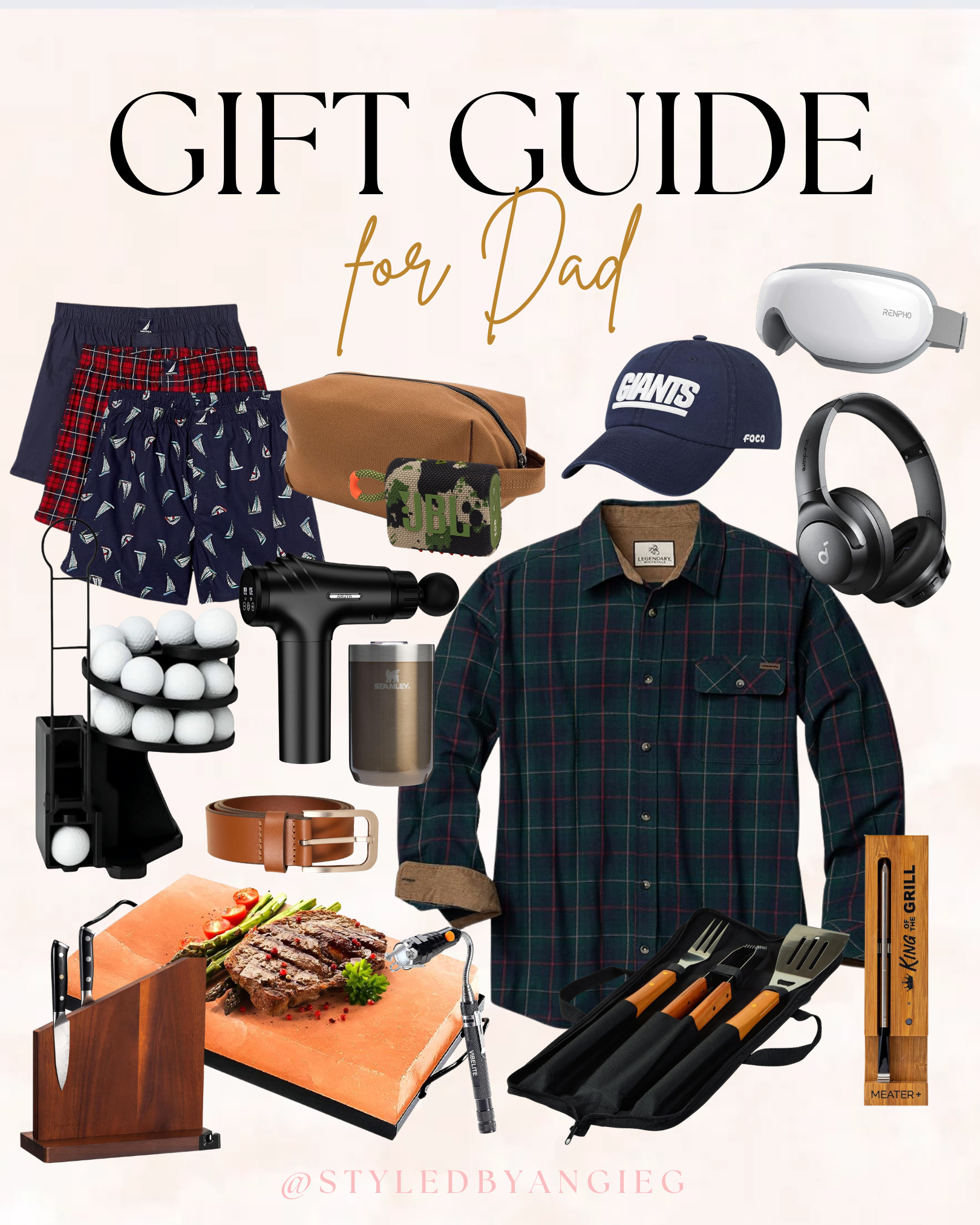 Gift guide for Dad! Boxers, toiletry bags, massager, golf gifts, hats, headphones, belts, flannel shirts, grilling tools, salt block, flashlights, knives, drinkware, practical gifts for him. 

 

#LTKGiftGuide #LTKHoliday #LTKMens