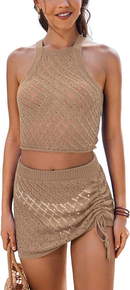 AI'MAGE Women's Crochet Cover Up Set Hollow Out Swimsuit Coverup 2 Piece Knit Beachwear with Draw... | Amazon (US)