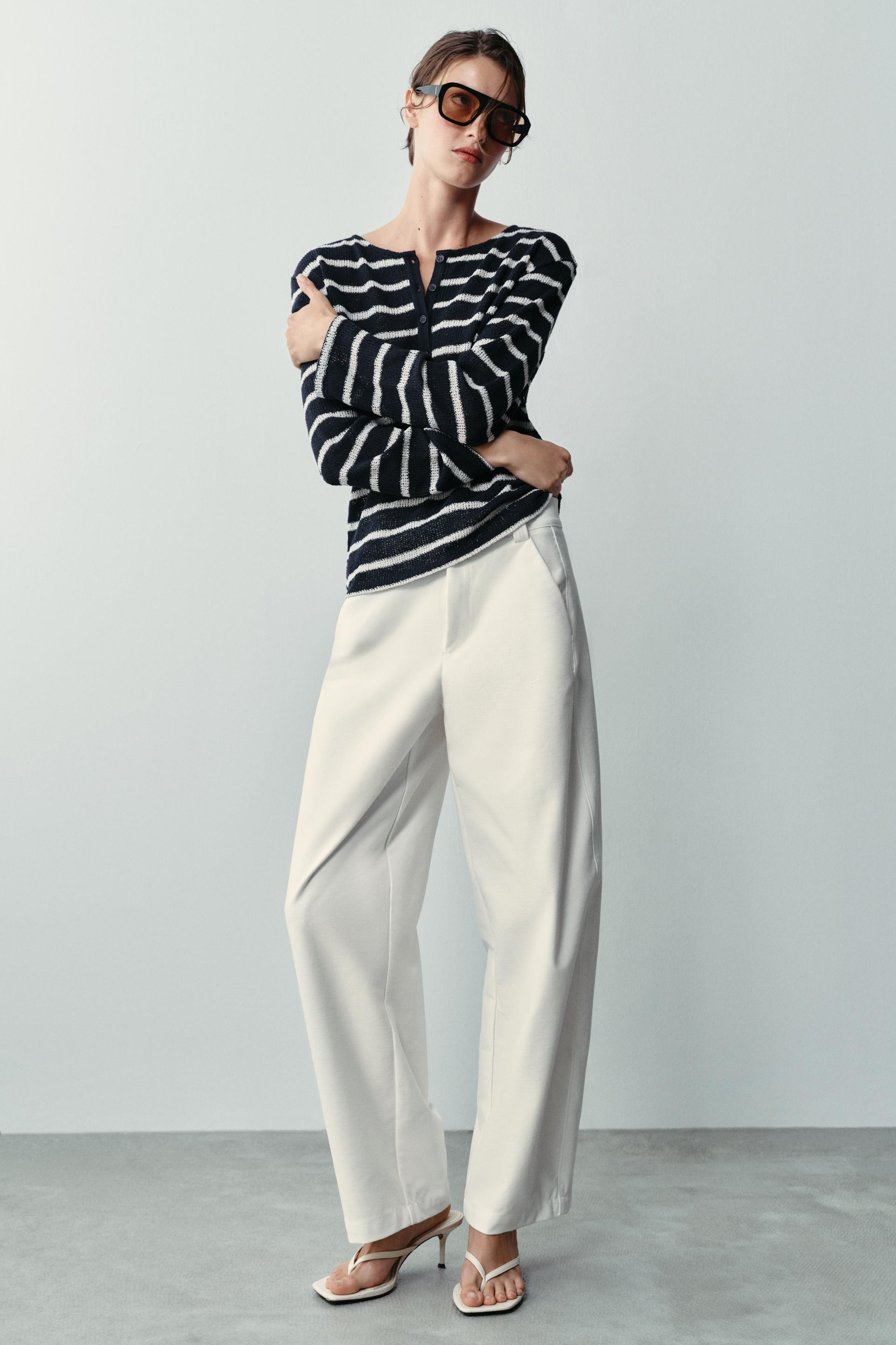 Zara - Striped Henley T-Shirt - Blue / White - S - Woman | Zara US