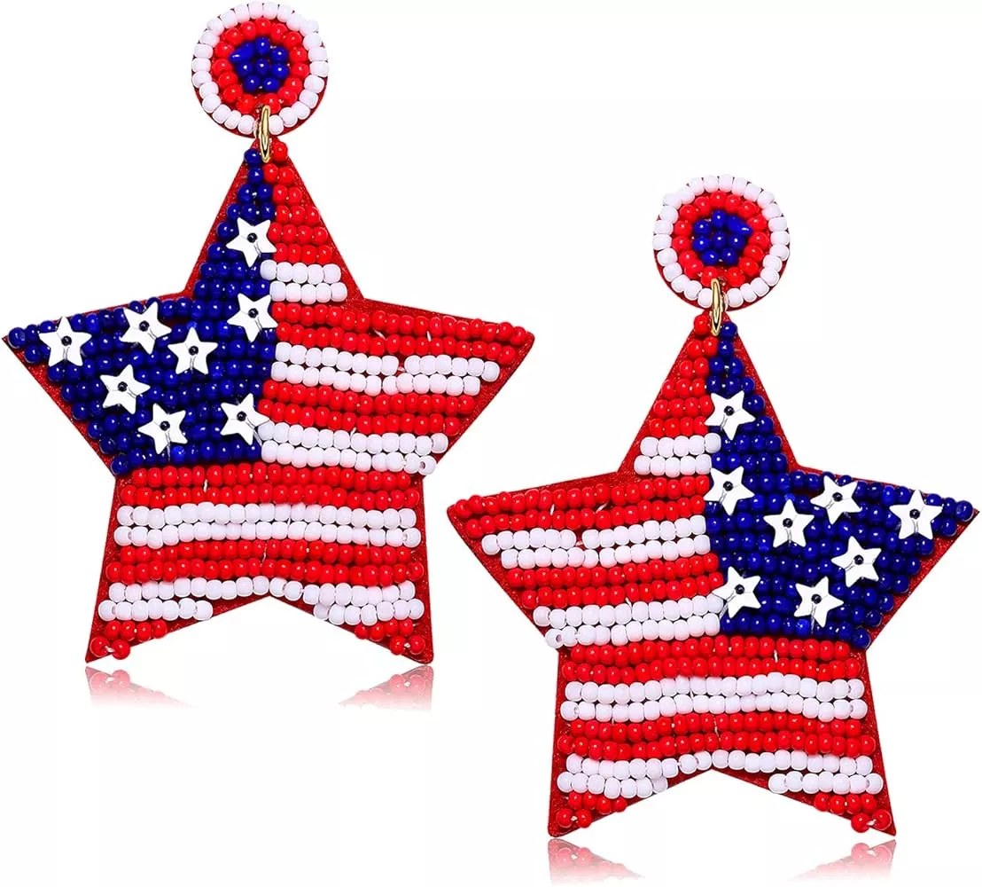 4th of July Earrings Beaded American Flag Star Dangle Earrings for Women Handmade Independence Da... | Amazon (US)