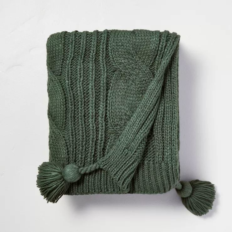 Cable Knit Tasseled Throw Blanket Green - Hearth & Hand™ with Magnolia | Target