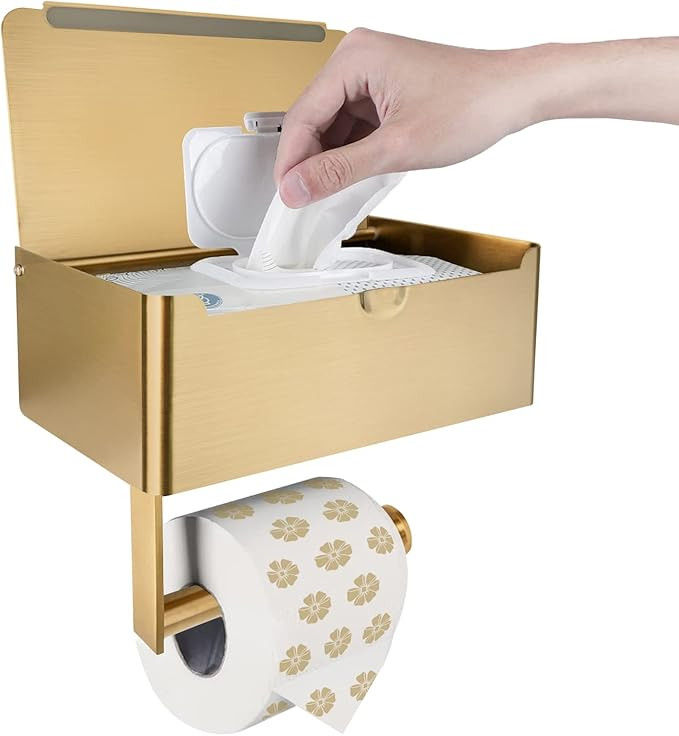 Gold Toilet Paper Holder with Shelf,Flushable Wipes Dispenser & Storage for Bathroom,Wall Mounted... | Amazon (US)