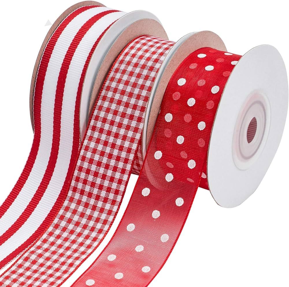 Fabric Ribbons Red and White Plaid Ribbon for Crafts, Grosgrain Striped Ribbon for Gift Wrapping,... | Amazon (US)