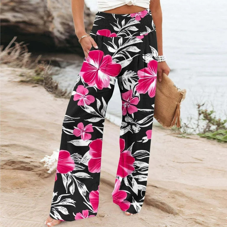 Qulqfy Floral Womens Pants 2025 Wide Leg Palazzo High Waisted Flowy Casual Baggy Pants Girl Pants... | Walmart (US)
