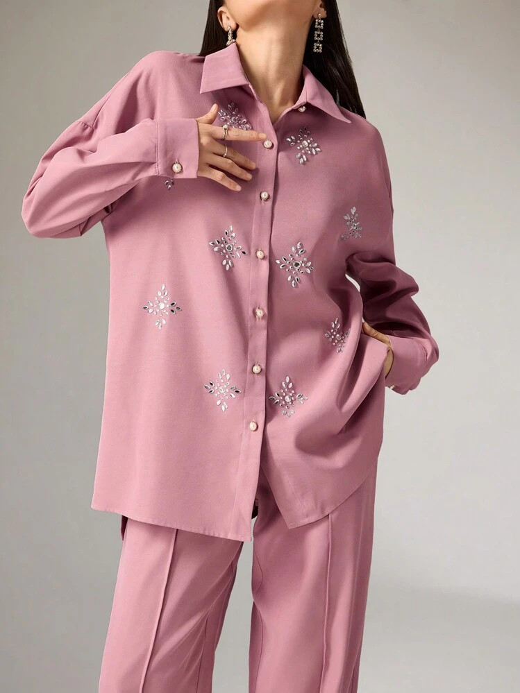 Heiryn 2pcs Women Rhinestone Decorated Drop Shoulder Long Sleeve Shirt And Wide Leg Pants Casual Loose Suit, Spring And Autumn 2 Pieces Set | SHEIN